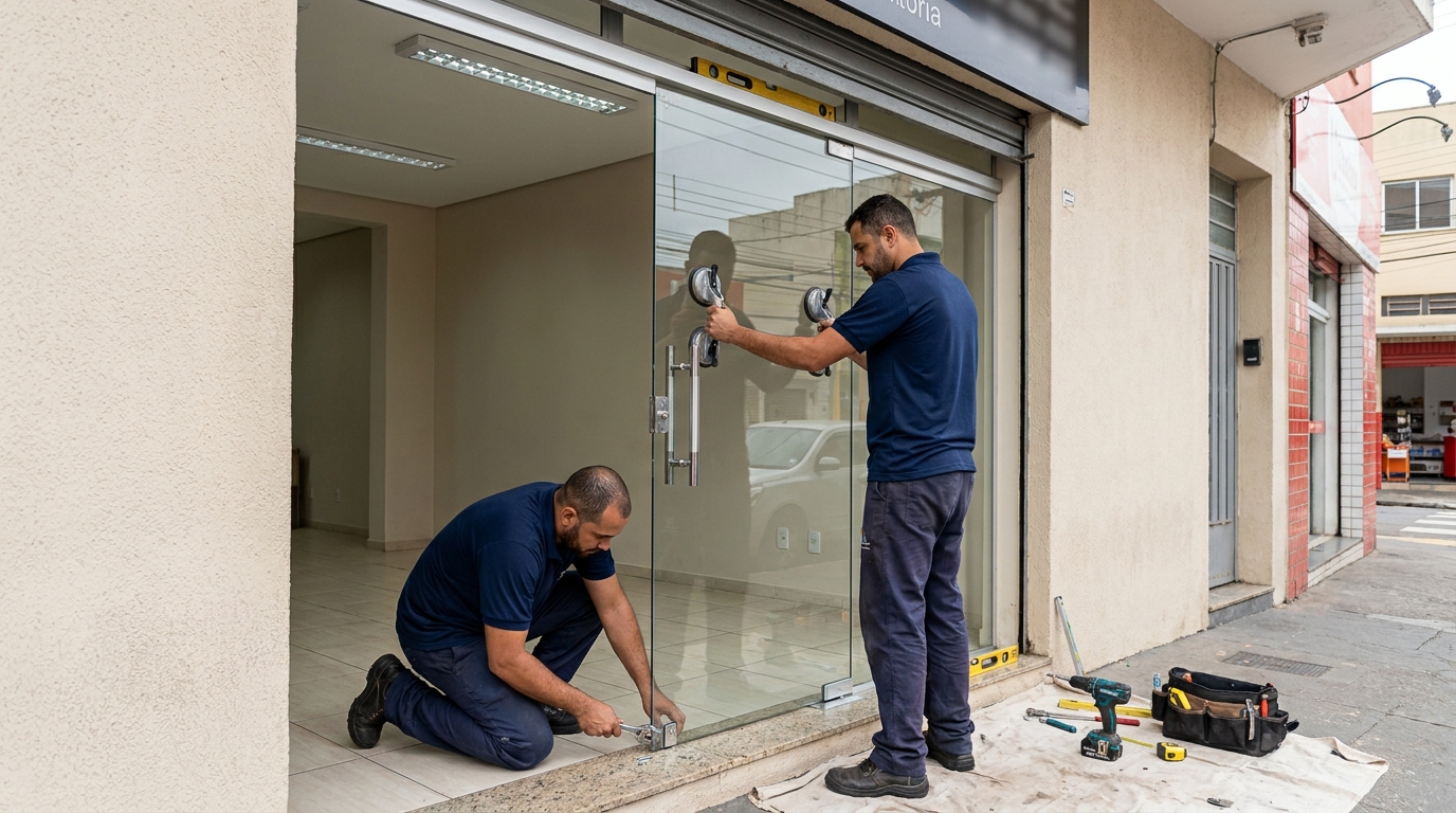 Porta de vidro com puxador inox em Blumenau-SC